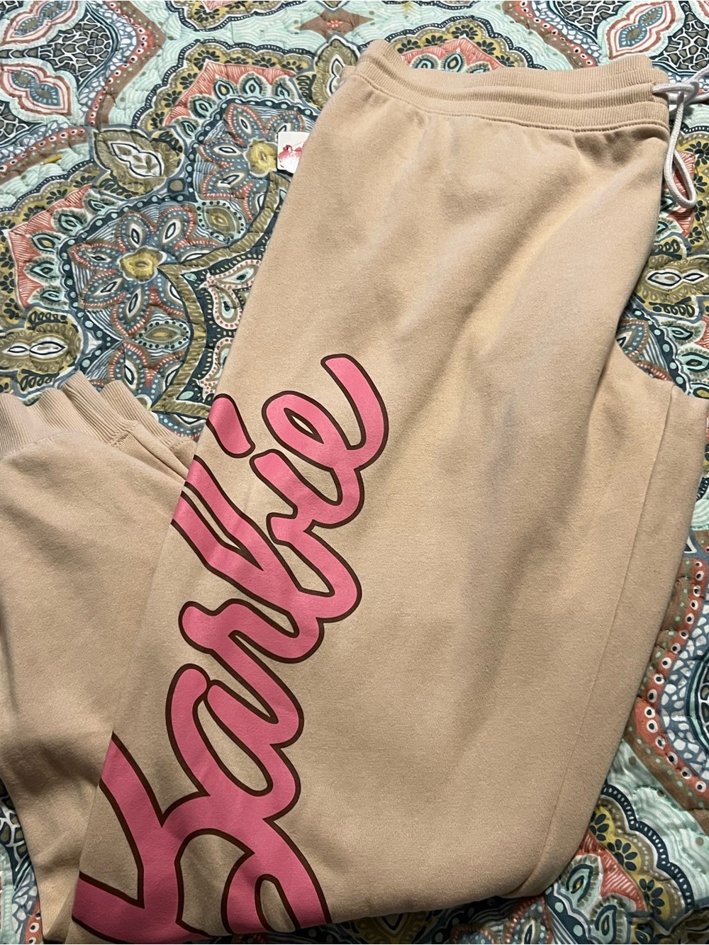 Rue21 Beige Track Joggers with Pink Script Logo